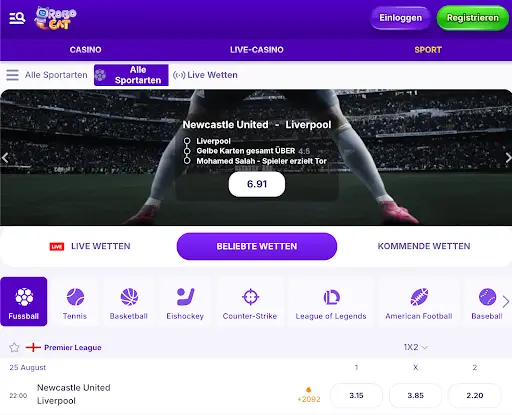 Sportwetten-Seite mit Fokus auf Premier League Spiel Newcastle United vs Liverpool, Quoten und Livewetten-Optionen.