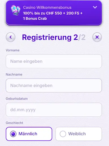 Registrierungsformular bei Robocat Casino – Schritt 2 von 2 mit Feldern für Vorname, Nachname, Geburtsdatum und Geschlecht (Auswahl Männlich oder Weiblich).