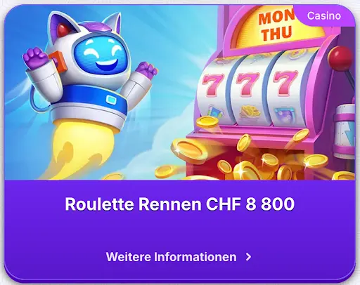 Fröhlicher Robocat-Charakter schwebt neben einem Spielautomaten mit Symbolen 777 und fliegenden Münzen, Text: „Roulette Rennen CHF 8 800“.