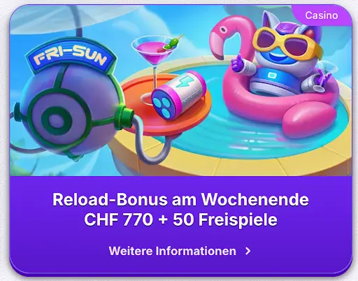 Robocat-Figur entspannt im Pool auf einem pinken Schwimmring mit Sonnenbrille und Cocktail, daneben ein Tisch mit Drink und Batterie-Icon. Text: „Reload-Bonus am Wochenende CHF 770 + 50 Freispiele“.