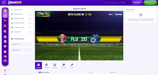 Virtuelle Sportwetten-Oberfläche mit Fußballspielanzeige FLU vs ZEI, Countdown und Wettoptionen.