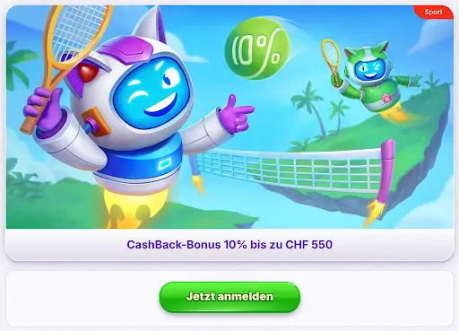 Robocat-Charaktere spielen Tennis mit einem Ball, auf dem „10%“ steht, Text: „CashBack-Bonus 10% bis zu CHF 550“.