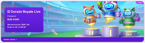 El Dorado Royale Live Turnier im Casino mit 3’000 EUR Preispool und Cartoon-Robocat Figuren auf Siegerpodest.