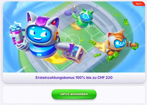 Fröhliche Robocat-Charaktere fliegen über ein Fußballstadion mit Geldscheinen und Energie-Drinks, Text: „Ersteinzahlungsbonus 100% bis zu CHF 220“.