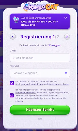 Registrierungsformular bei Robocat Casino