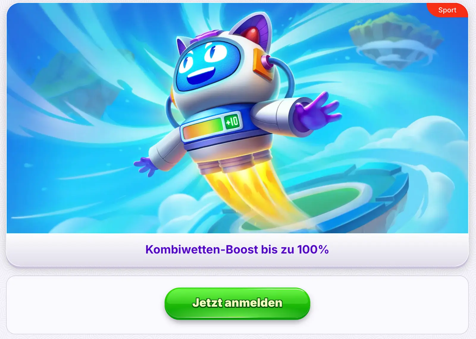 Robocat-Charakter mit Raketenantrieb fliegt aus einem Stadion, Anzeige „+10“, Text: „Kombiwetten-Boost bis zu 100%“.
