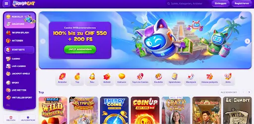 Robocat Casino Startseite mit Willkommensangebot 100% bis zu CHF 550 + 200 Freispiele.