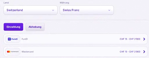 Einzahlung und Abhebung Optionen im Casino – Auswahl von Land, Währung, FunID und Mastercard.
